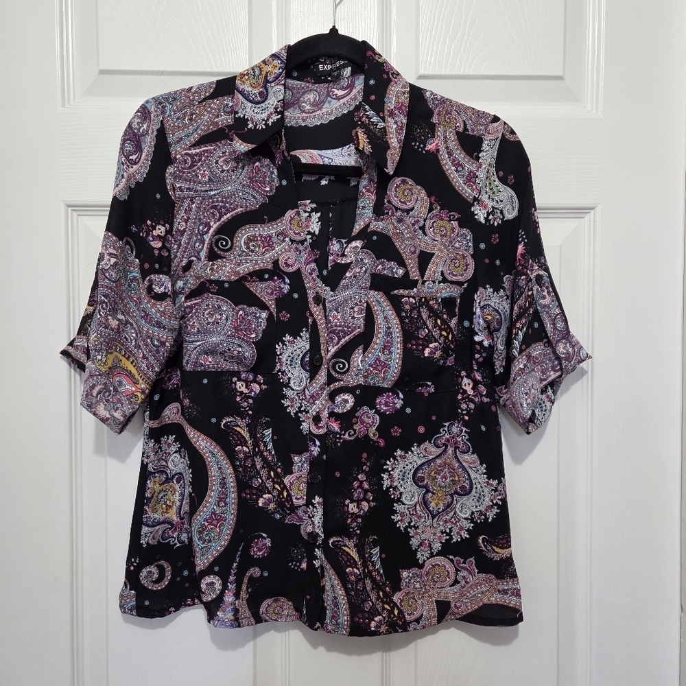 Express Woman's Black Sheer Colorful Paisley Roll Tab Button Up Shirt Size Small